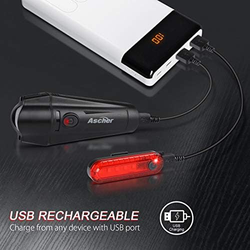 Ascher Ultra Bright USB Rechargeable Bike Light Set  Powerful Bicycle Front Headlight and Back Taillight  4 Light Modes  Easy to Install for Men Women Kids Road Mountain Cycling Black