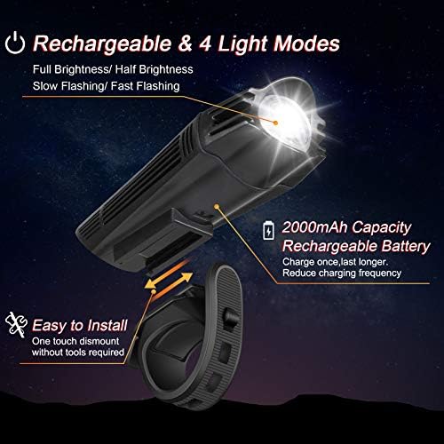 Ascher Ultra Bright USB Rechargeable Bike Light Set  Powerful Bicycle Front Headlight and Back Taillight  4 Light Modes  Easy to Install for Men Women Kids Road Mountain Cycling Black