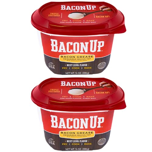 Bacon Up? Bacon Grease for Cooking - 14 Ounce Tub of Authentic Bacon Fat for Cooking  Frying and Baking - Triple-Filtered for Purity  No Carbs  Gluten-Free and Shelf-Stable (2-pack)